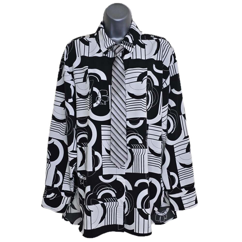 Karl Lagerfeld Paris Black White Geometric Print Button Up Shirt Womens Size M